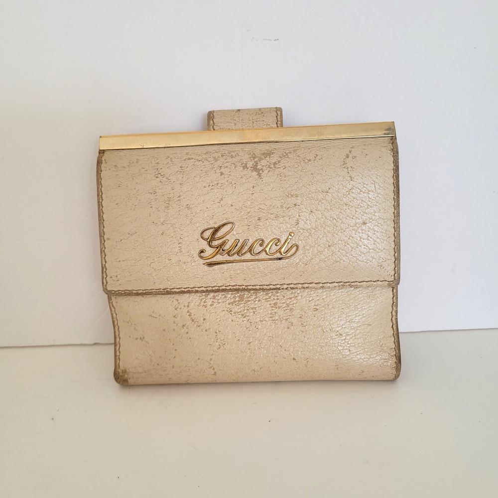 Gucci Vintage French Flap Wallet Cream Leather Gold Script Logo 170369-2118